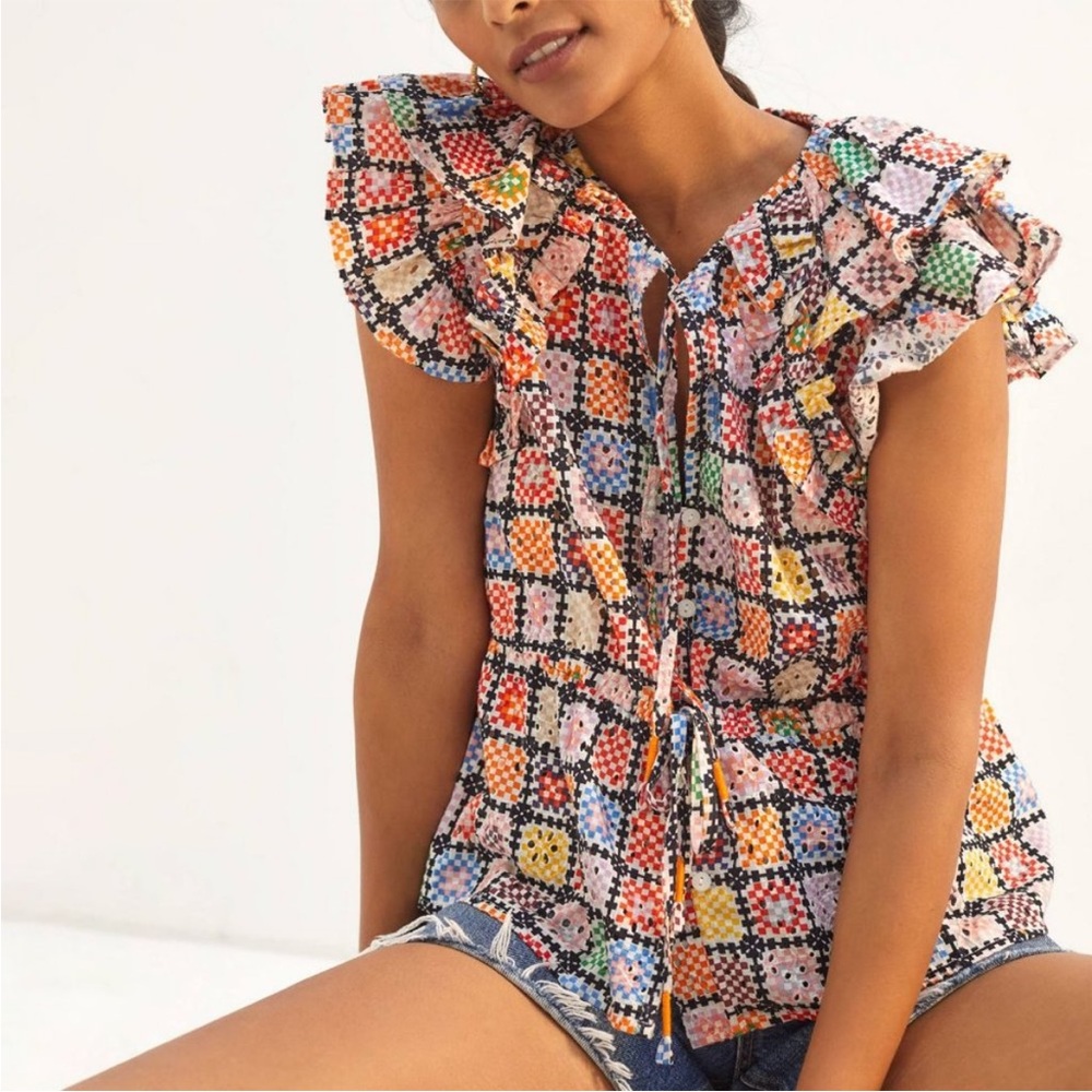 NWT Maeve Anthropologie Granny Square Pattern shirt M - Picture 2 of 11
